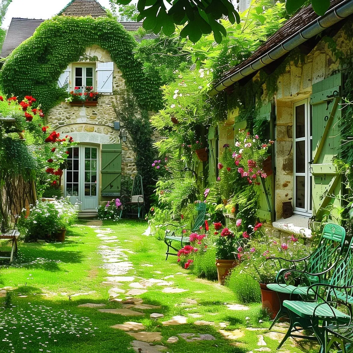 french_cottage_garden 5 A charming cottage with green shutters and a lush garden featuring a variety of colorful flowers, including red, pink, and white blooms. The garden is filled with different types of plants, creating a picturesque and vibrant scene.