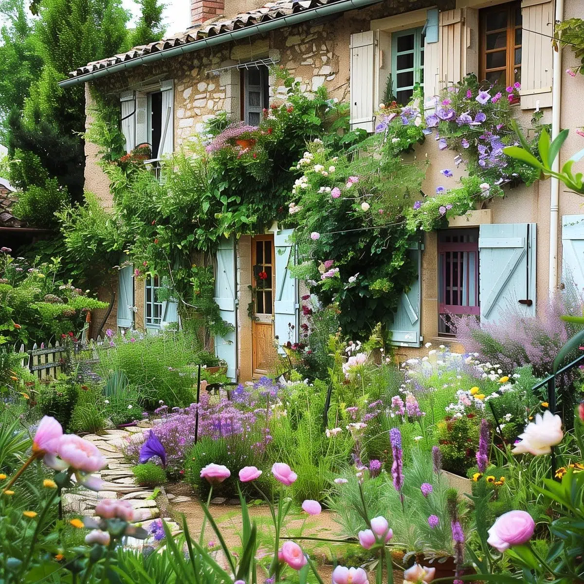 french_cottage_garden 6 A cozy stone cottage with a red roof and green shutters, surrounded by a vibrant, blooming garden. The garden includes a variety of flowers such as roses, daisies, and lavender, with a stone path leading through the greenery.