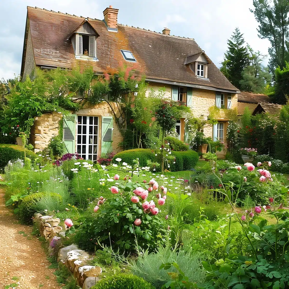 french_cottage_garden 9 A picturesque cottage with white and grey shutters, surrounded by a lush garden full of blooming flowers in pinks, purples, and whites. The garden is filled with a variety of plants and flowers, creating a vibrant and welcoming atmosphere.