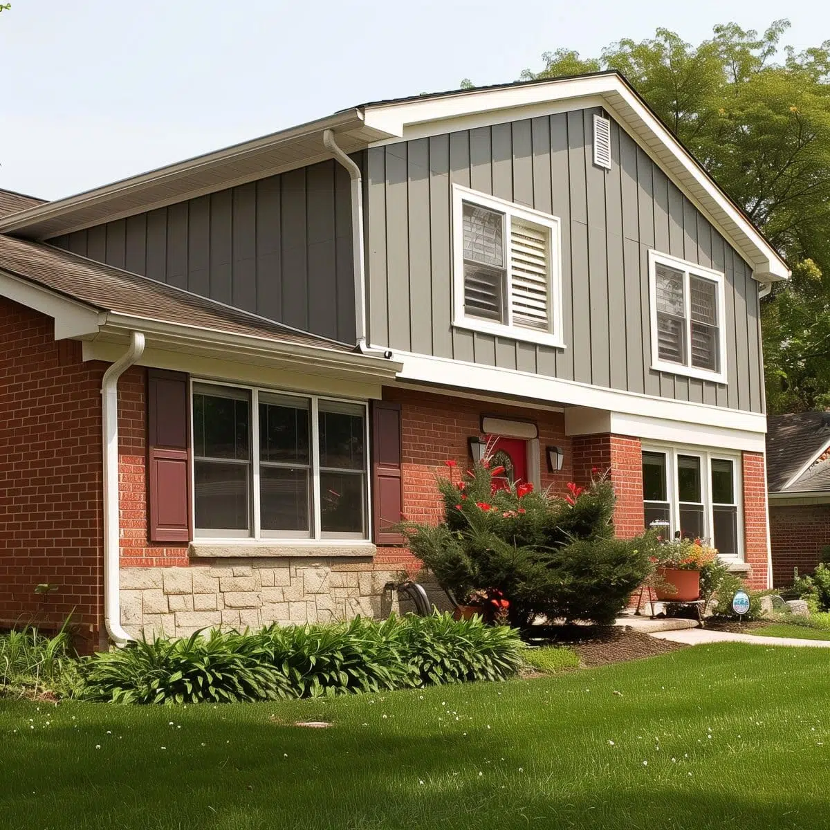 A suburban house with gray vertical siding on the upper half and red brick on the lower half. The front yard is well-maintained with green grass and shrubs. White gutters and trim accentuate the windows and roofline.