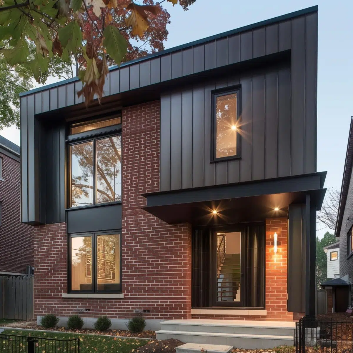 A sleek modern house with dark vertical siding and red brick. The house has a boxy design with large windows and contemporary lighting.