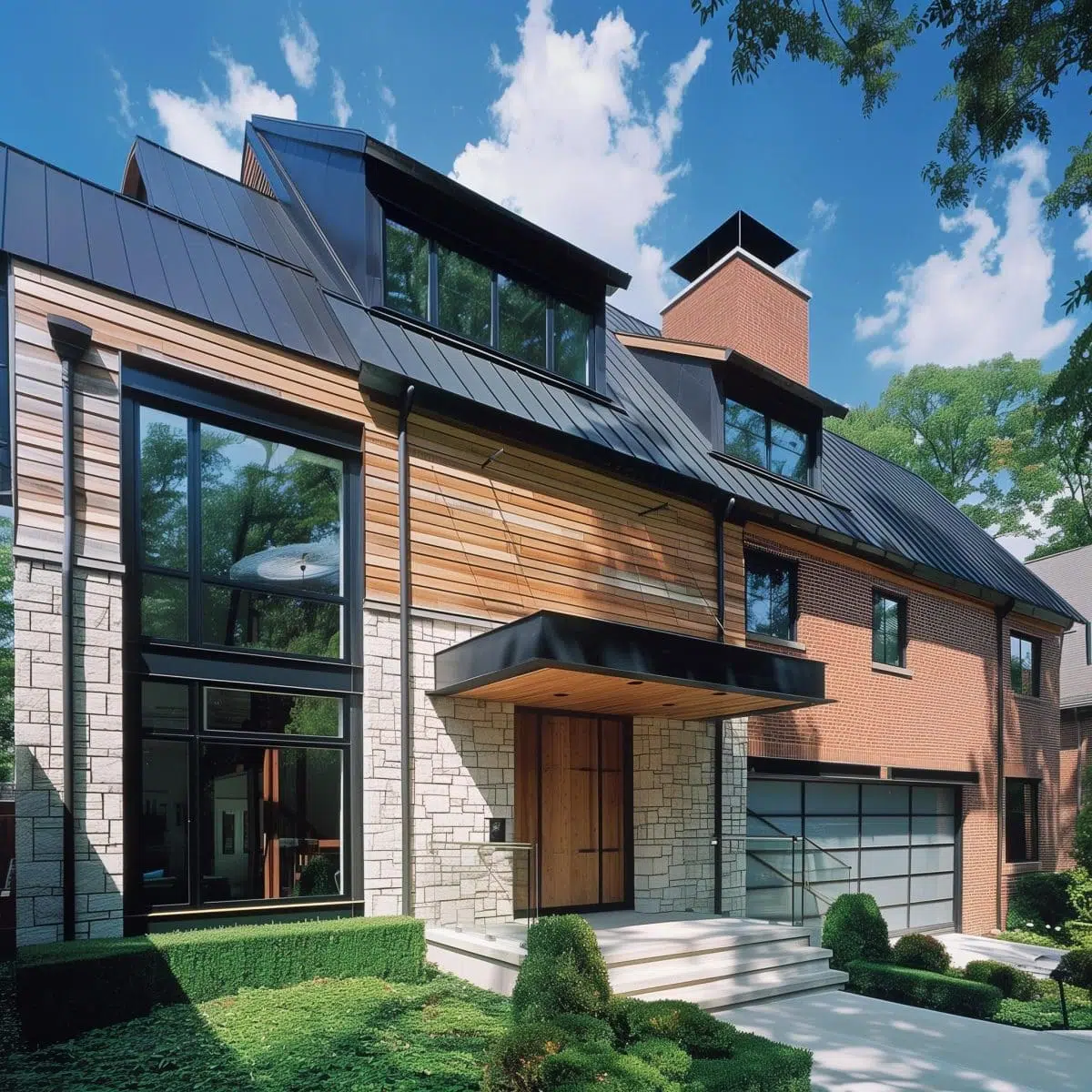 A stylish modern home featuring a mix of wood, stone, and red brick. The house has large windows and a unique, slanted roof design.