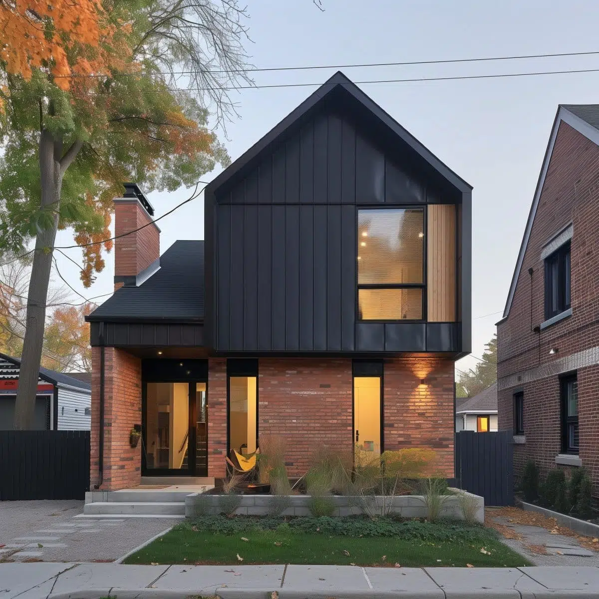 A contemporary two-story house with red brick and dark vertical siding. The house features a flat roof with a prominent chimney, large windows, and a well-lit interior visible through the windows. The front yard has minimalistic landscaping with grass and small plants.