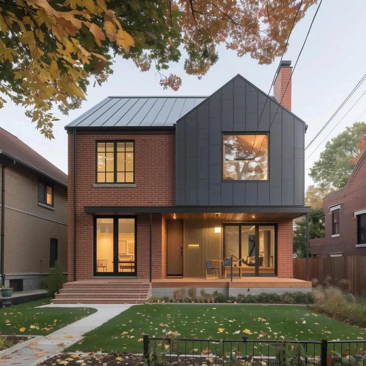 A two-story house with a combination of red brick and dark vertical siding. The house has a flat roof, a large window on the upper floor, and a covered front porch with seating. The well-maintained lawn is complemented by a pathway leading to the front door.