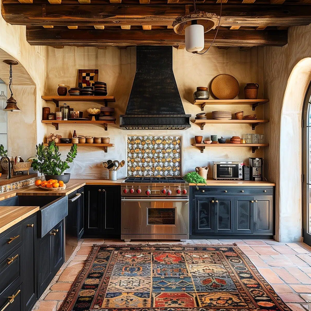 A cozy Spanish-style kitchen with dark cabinets, a large black range hood, and a colorful tile backsplash. The kitchen has open wooden shelves, rustic wooden countertops, and a patterned rug on the terracotta tile floor. The room is lit with hanging lanterns.