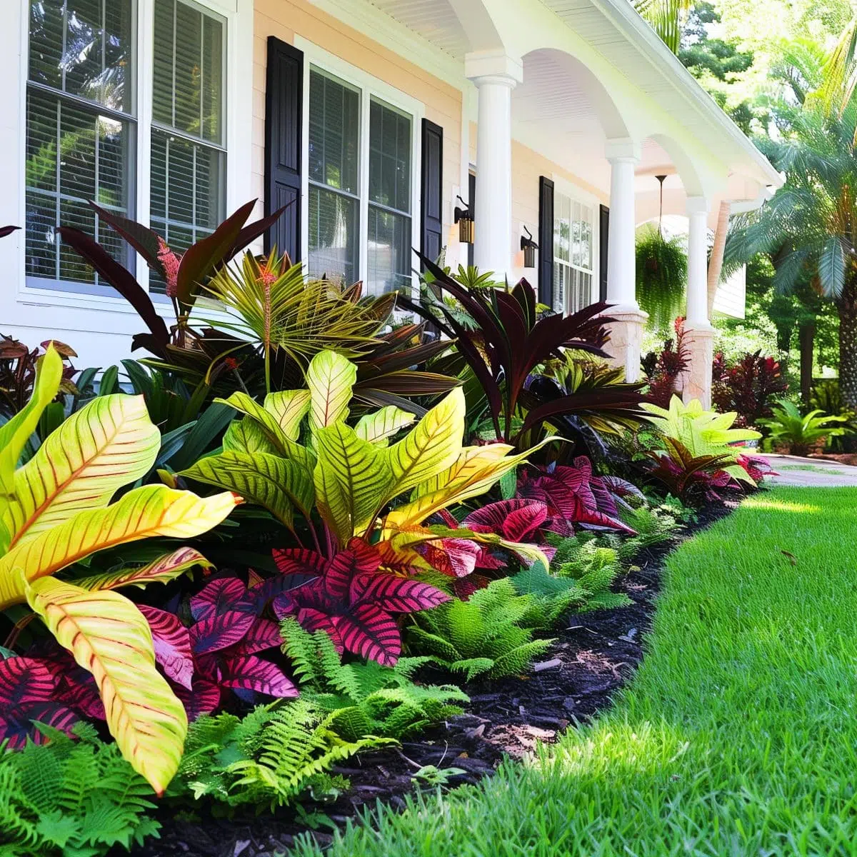 tropical_landscaping_front_yard 1 Vibrant tropical garden in front of a classic white house with black shutters and white columns, featuring a variety of colorful plants including red, pink, and yellow foliage.