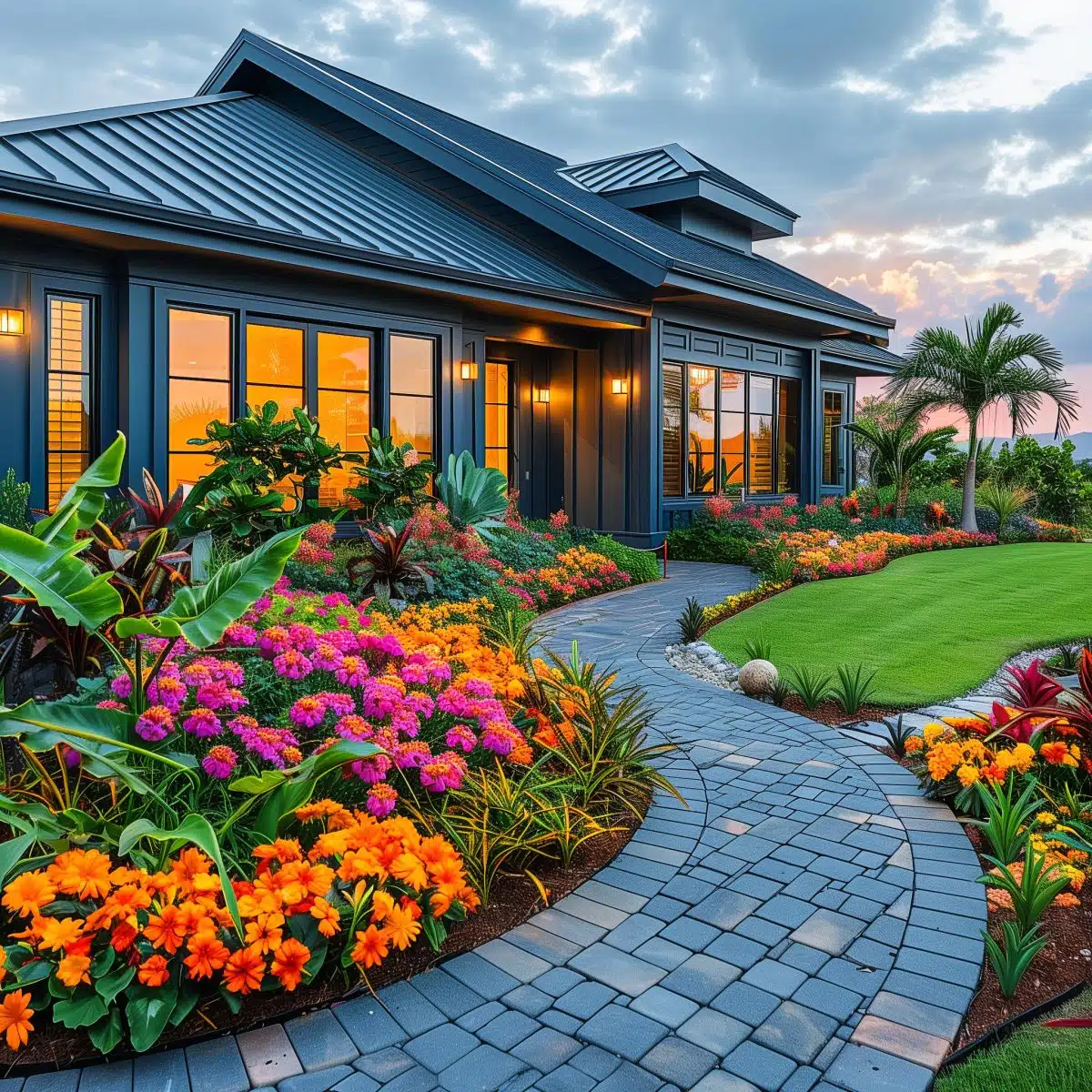 tropical_landscaping_front_yard 10 Bright and colorful tropical landscaping along a stone pathway leading to a modern house with vibrant flower beds in orange, yellow, and purple.