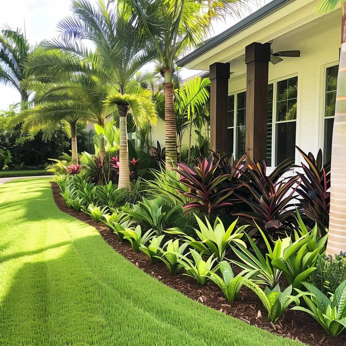 tropical_landscaping_front_yard 12 Well-maintained garden featuring rows of dark-leaved plants contrasted against bright green, strap-like foliage, with palm trees and a modern home in the background.