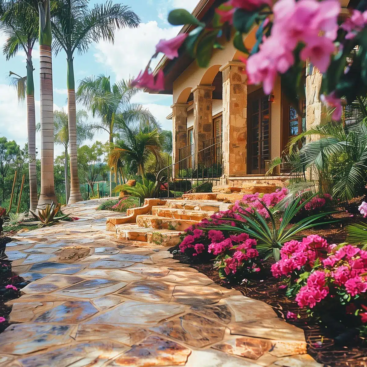 tropical_landscaping_front_yard 13 A luxurious home entrance with a stone pathway flanked by vivid pink flowers and green tropical plants leading up to a grand staircase.