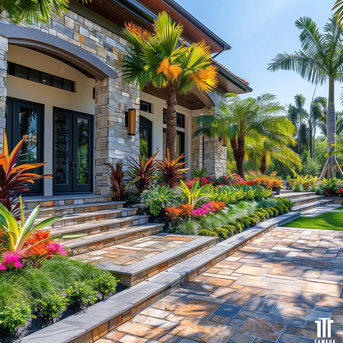 tropical_landscaping_front_yard 14 A modern stone pathway bordered by colorful tropical plants including orange flowers and variegated Ti plants, leading to a contemporary stone facade home.
