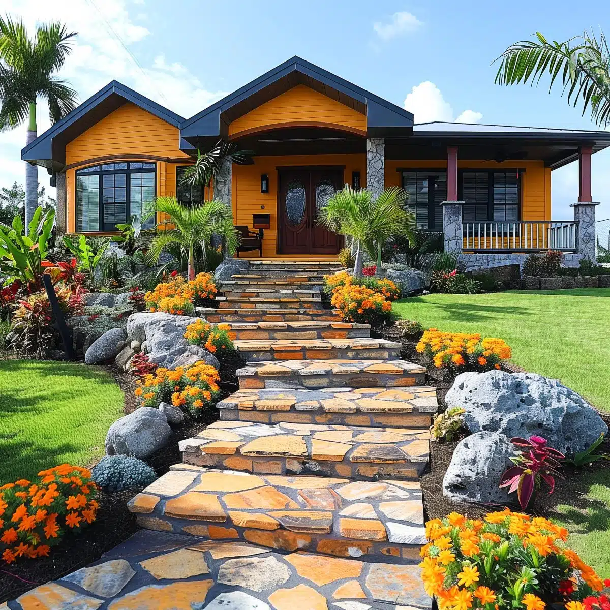 tropical_landscaping_front_yard 15 Bright orange exterior of a house with vibrant tropical landscaping, featuring stone steps surrounded by lush greenery and blooming flowers.