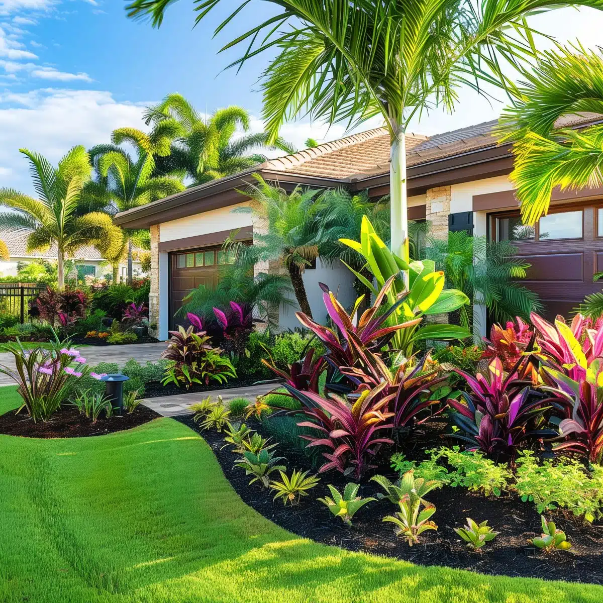 tropical_landscaping_front_yard 16 Tropical garden with a variety of colorful plants including bright pink and orange flowers, surrounding a contemporary suburban home with a neatly trimmed lawn.