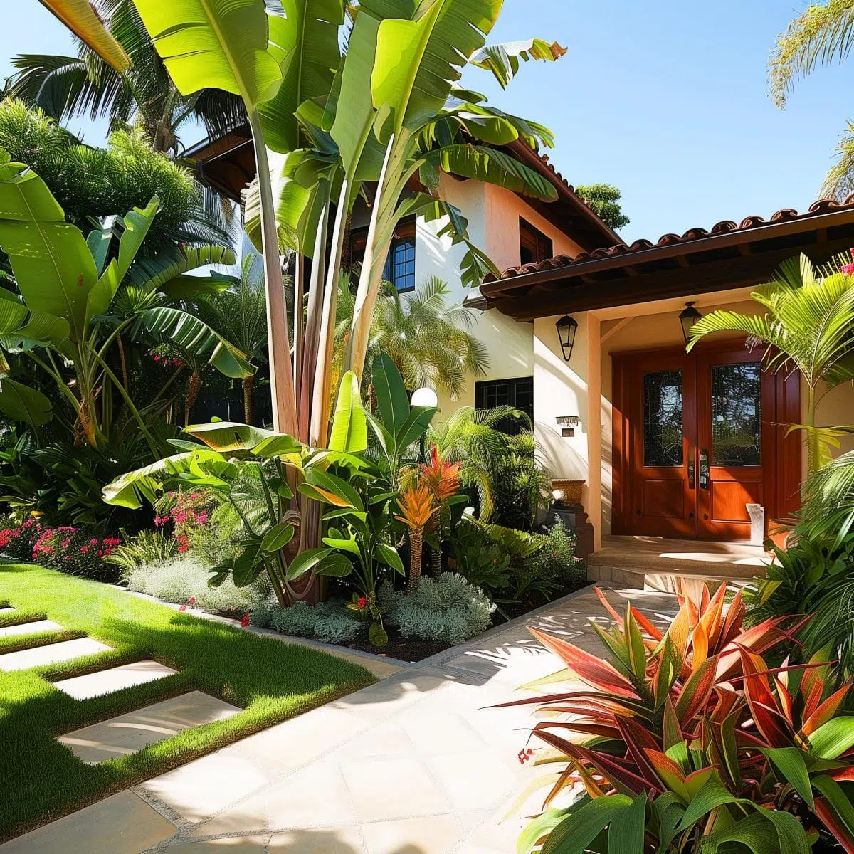 tropical_landscaping_front_yard 17 Elegant tropical landscaping with various types of colorful foliage plants in front of a modern, light-colored house with large windows.