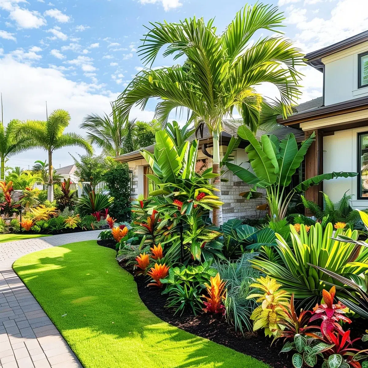 tropical_landscaping_front_yard 18 Elegant tropical landscaping with various types of colorful foliage plants in front of a modern, light-colored house with large windows.