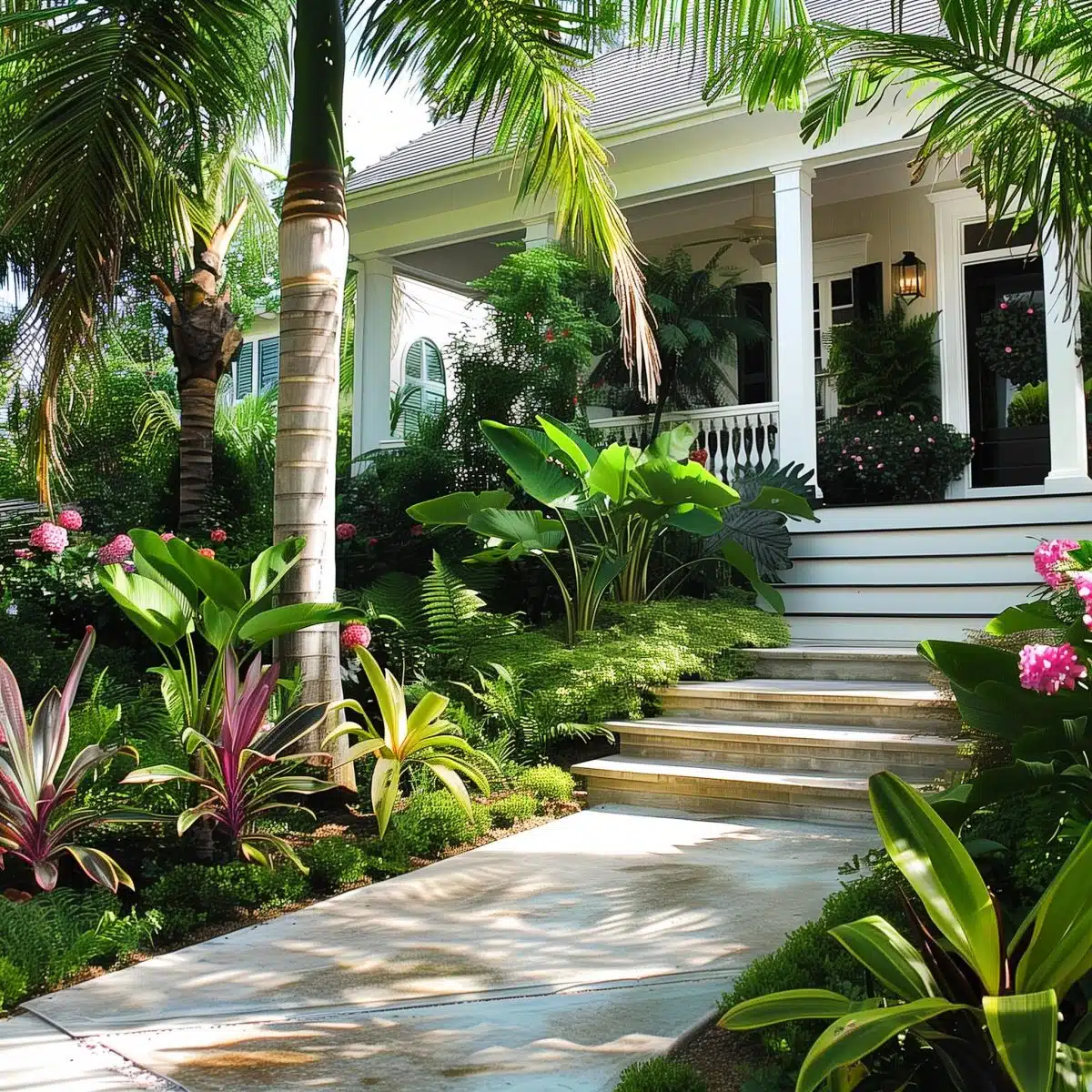 tropical_landscaping_front_yard 2 Lush entryway to a white house, flanked by tall palm trees and multi-colored tropical plants, leading up to white steps and a covered porch.