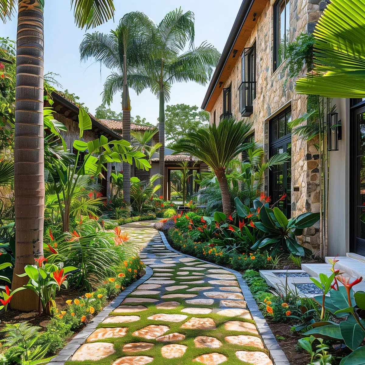 tropical_landscaping_front_yard 20 Detailed landscaping with multiple layers of tropical plants and flowers in front of a luxury home, showcasing a well-designed garden path.