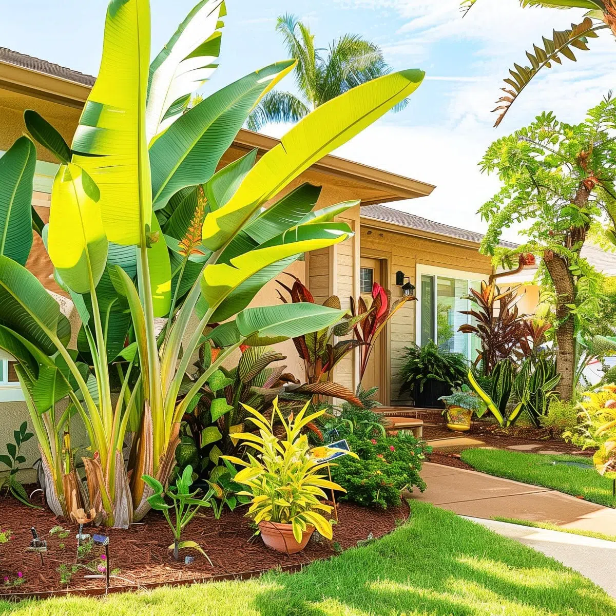 tropical_landscaping_front_yard 23 A vibrant tropical front yard featuring large banana plants with broad green leaves. The garden includes various other lush plants and colorful foliage, creating a lively and welcoming atmosphere.