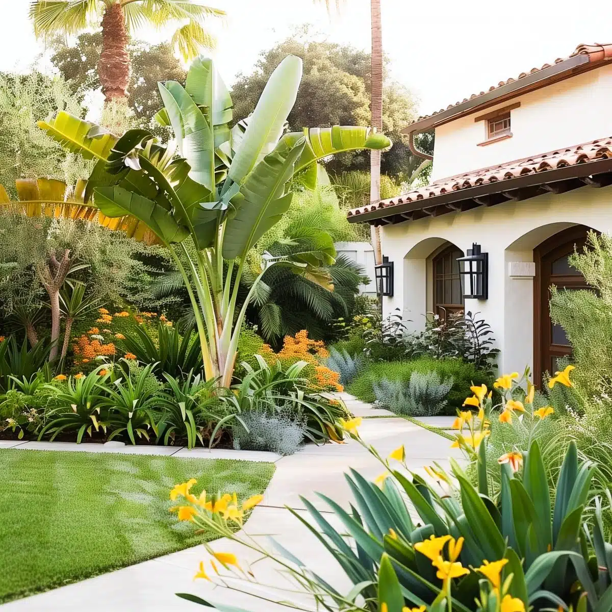 tropical_landscaping_front_yard 28 A beautifully landscaped front yard with a tropical theme, showcasing a large banana plant surrounded by orange flowering plants, various green shrubs, and palm trees. The Mediterranean-style house adds to the serene and exotic ambiance.