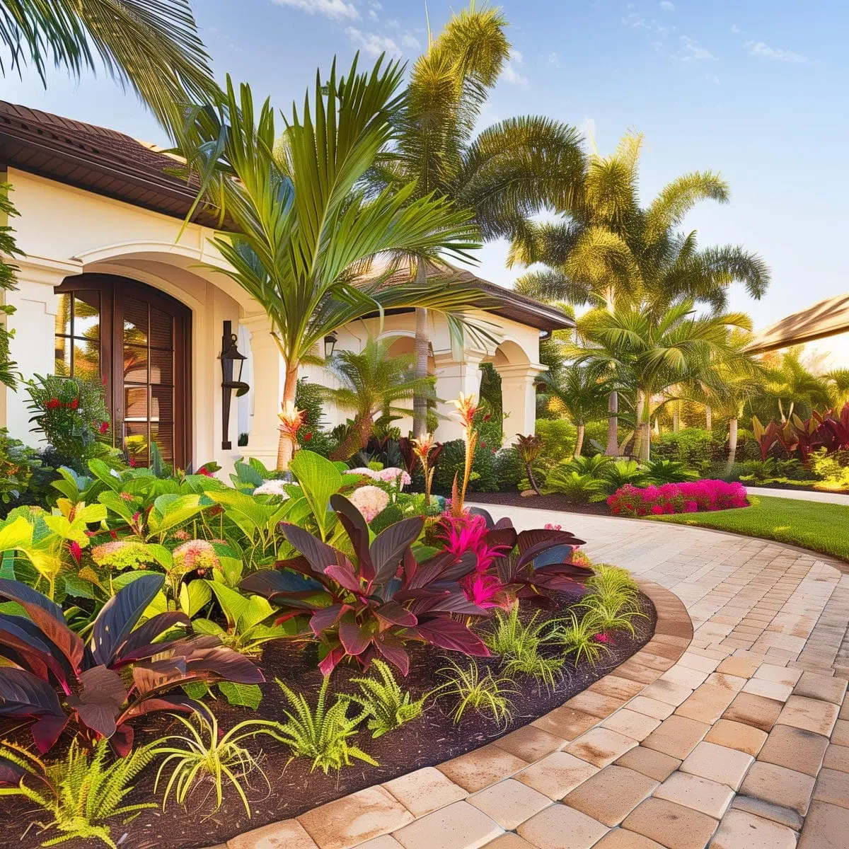 tropical_landscaping_front_yard 3 A curved brick pathway through a colorful tropical garden with dark purple and bright green foliage, leading to a white house with beige trim under a blue sky.