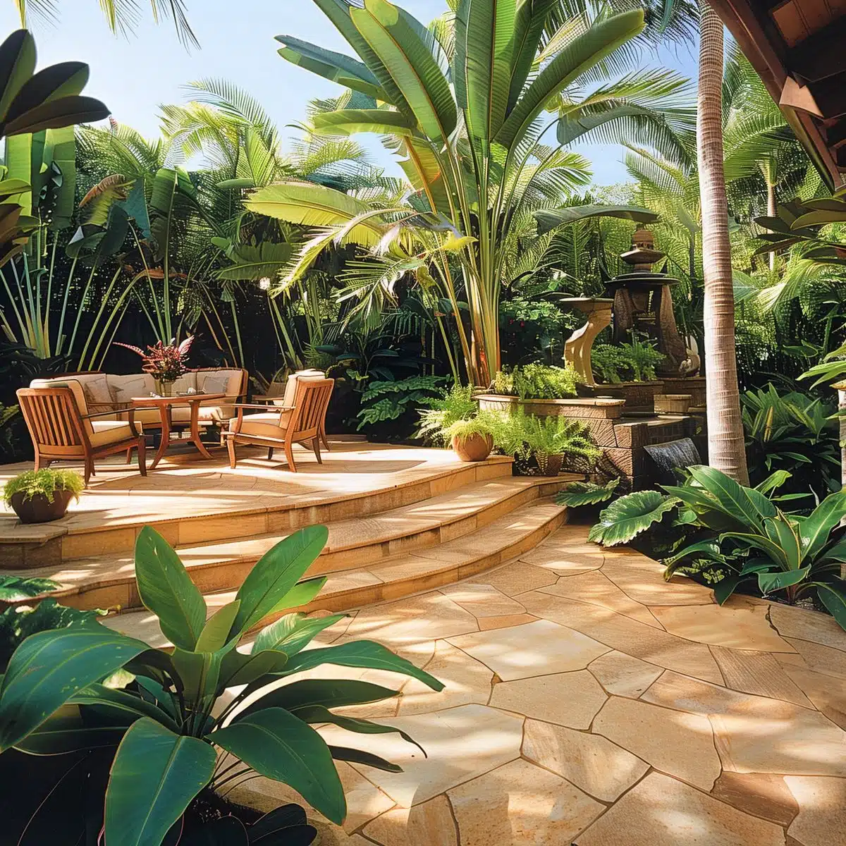 tropical_landscaping_front_yard 30 A serene tropical patio area with large banana plants and various tropical foliage. The patio features a stone floor with a seating area, surrounded by lush greenery, providing a relaxing outdoor space.