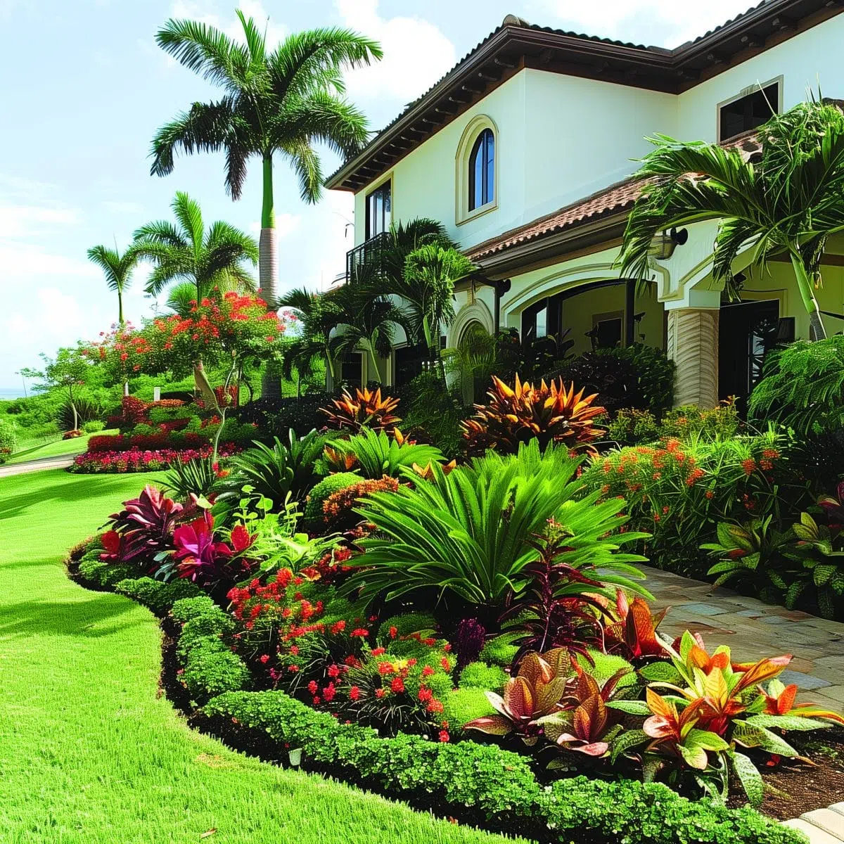 tropical_landscaping_front_yard 31 An elegant front yard with a mix of tropical plants, including large banana plants, bright flowers, and various green shrubs. The lush landscaping complements the sophisticated design of the house, creating a picturesque setting.