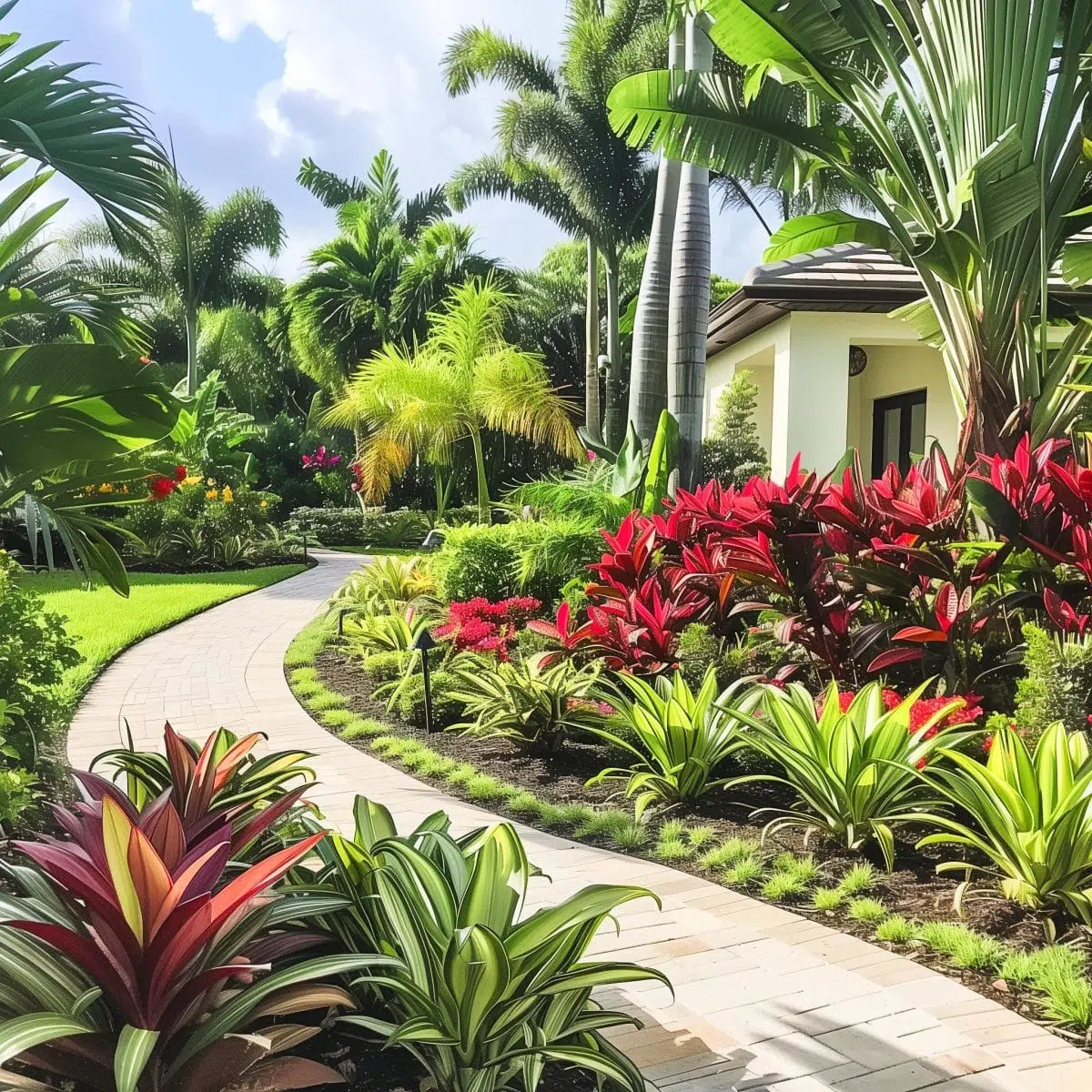 tropical_landscaping_front_yard 4 Tropical landscaping around a beige house featuring red and green foliage, a variety of palm trees, and a neatly manicured lawn.