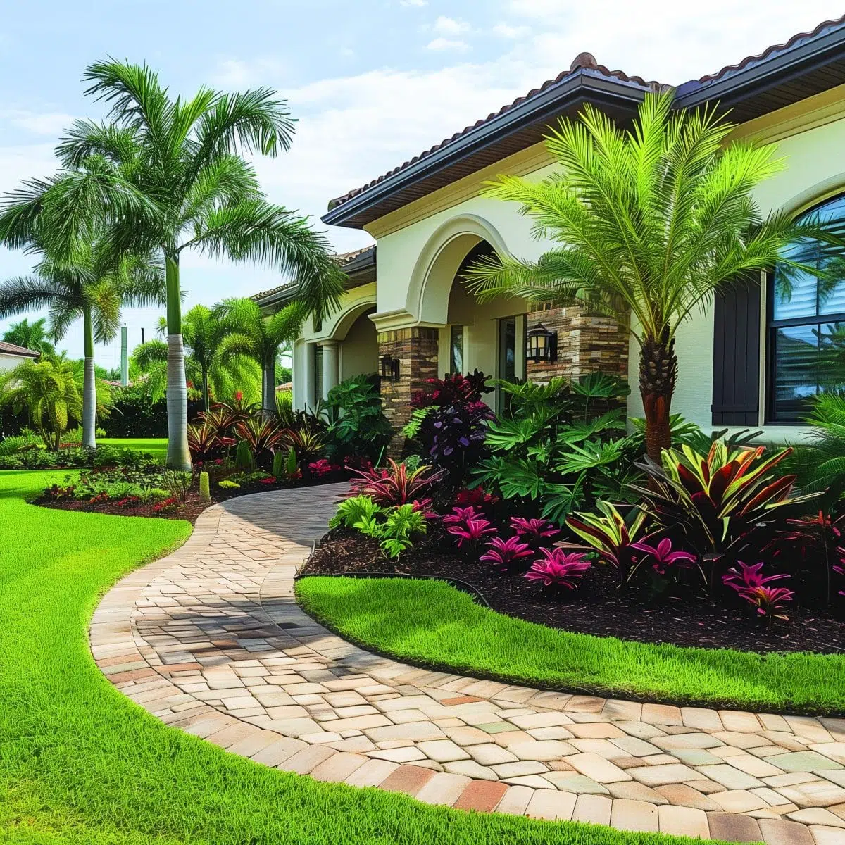 tropical_landscaping_front_yard 5 A winding garden path lined with vibrant tropical plants in shades of red, yellow, and green, leading to a modern house with large windows and dark roof.