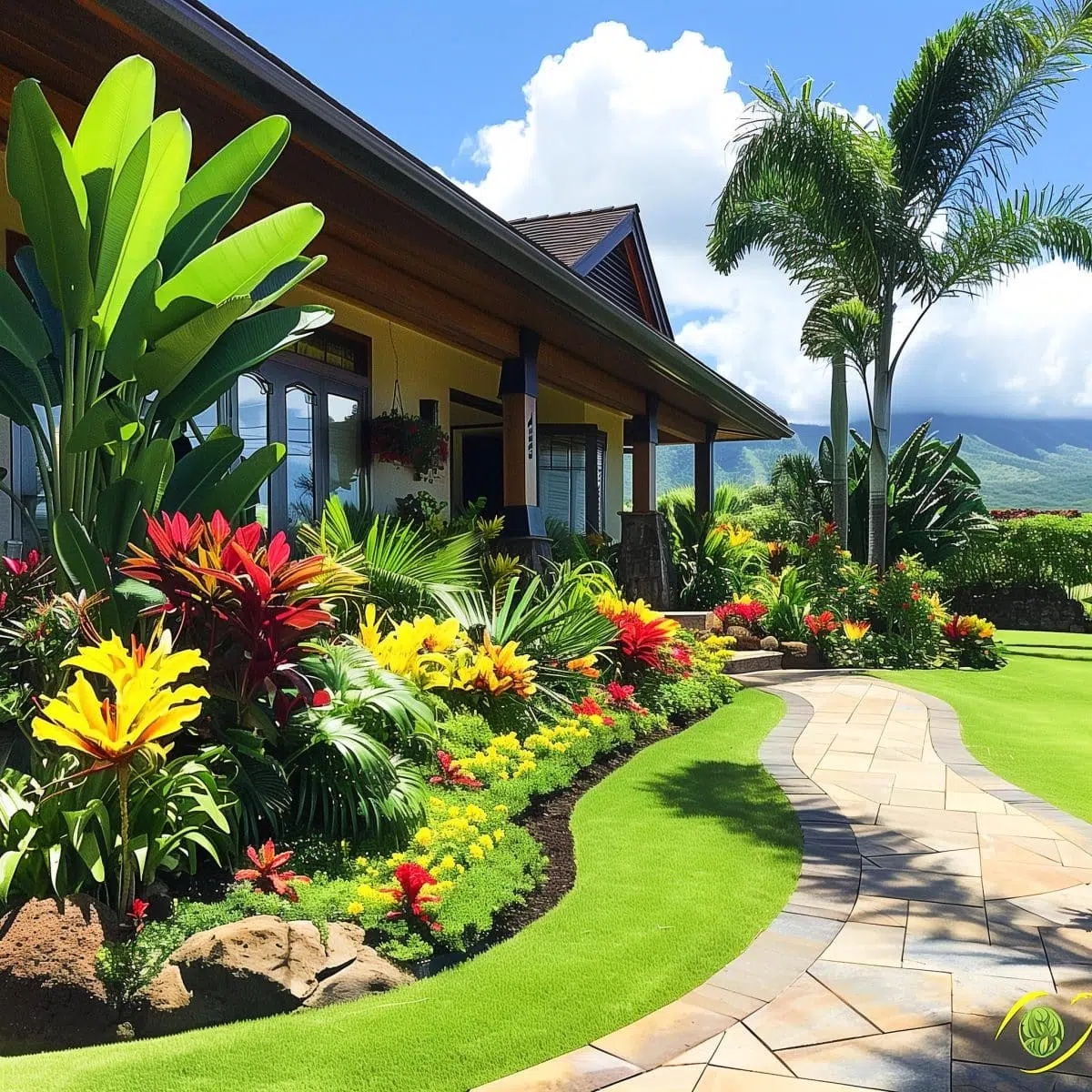tropical_landscaping_front_yard 6 Exquisite garden with bright pink and green plants in front of a luxurious white house with large windows and a tiled roof, under clear blue skies.