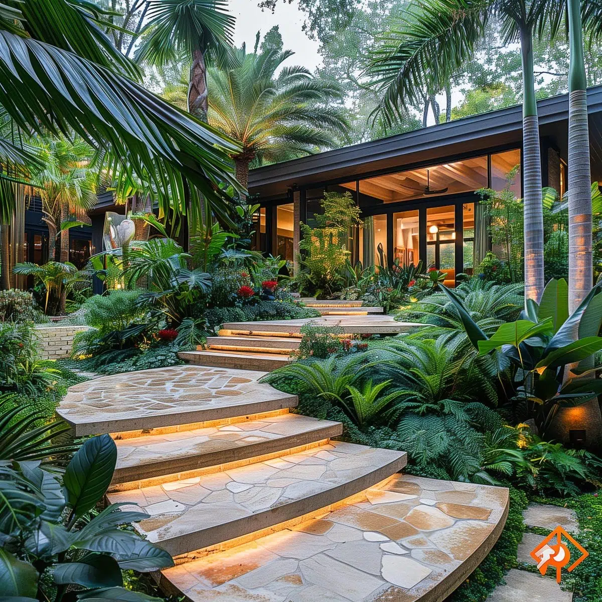 tropical_landscaping_front_yard 7 A sunlit path flanked by richly colored tropical plants leads to a house with yellow siding and green trim, set against a mountainous backdrop.