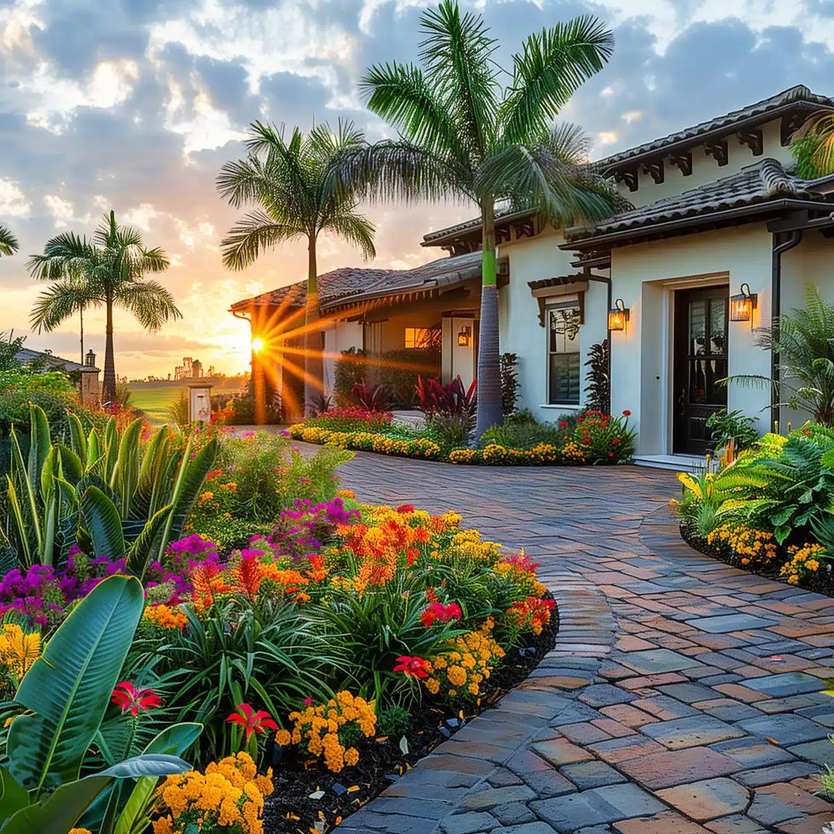 tropical_landscaping_front_yard 8 Lush tropical garden with a variety of green and red plants surrounding a modern house with floor-to-ceiling windows and a dark metal roof.