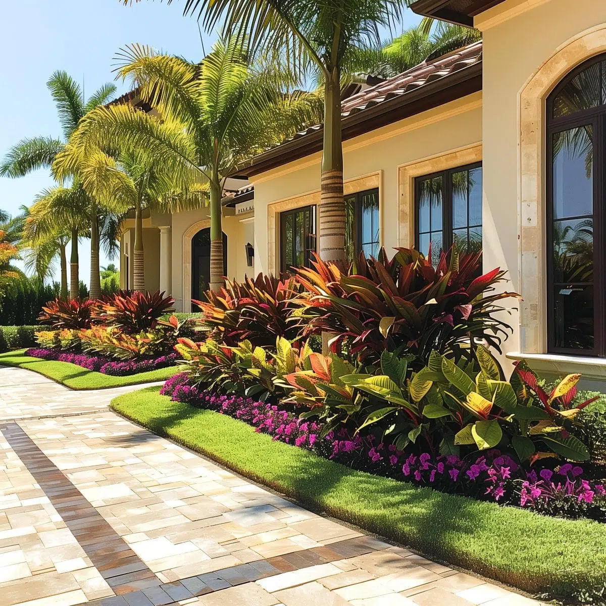 tropical_landscaping_front_yard 9 Colorful sunset view over a tropical garden with bright orange, yellow, and red flowers in front of a luxurious house with beige walls and Spanish tile roof.