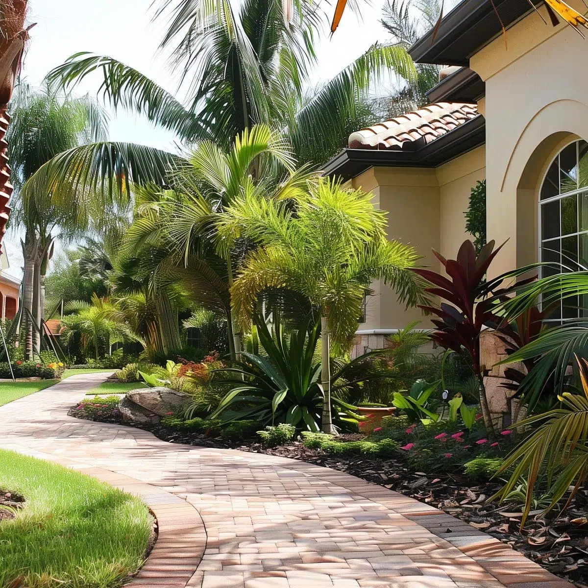 tropical_landscaping_front_yard_florida 33 A tropical front yard in Florida, featuring a mix of palm trees, banana plants, and vibrant green and red foliage. The garden is neatly arranged along a brick pathway, leading to a beautiful house with Mediterranean-style architecture.