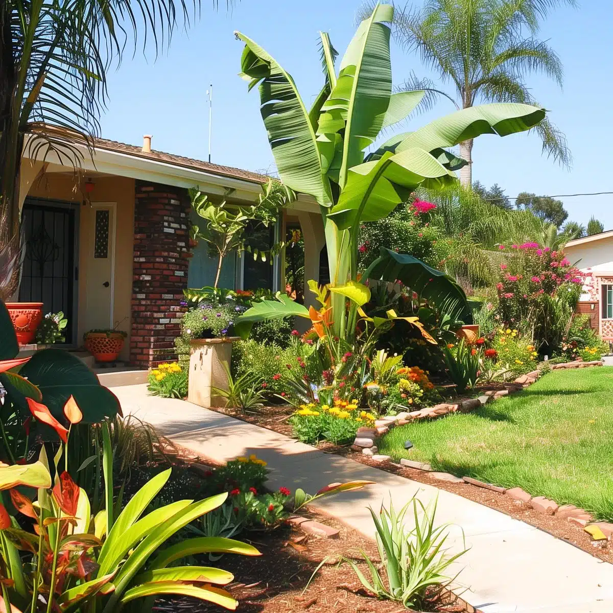tropical_landscaping_front_yard_full_sun 34 A sunlit tropical front yard with a variety of plants including large banana plants, colorful foliage, and bright flowers. The garden is well-maintained and adds a lively touch to the house's exterior.