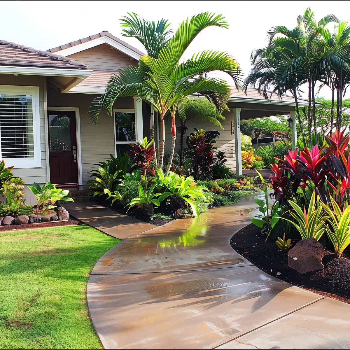 tropical_landscaping_front_yard_hawaii 35 A tropical front yard in Hawaii, showcasing a lush garden filled with large banana plants, palm trees, and a variety of colorful tropical plants. The well-designed landscape enhances the tropical ambiance of the home.