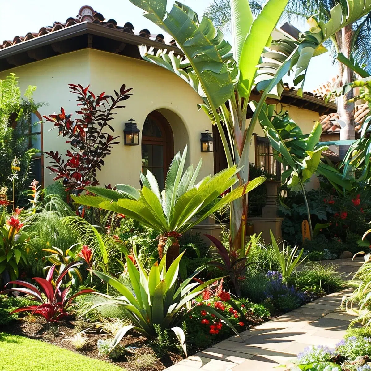 tropical_landscaping_front_yard_texas 37 A tropical front yard in Texas, with large banana plants, palm trees, and a variety of tropical foliage. The garden is designed with a mix of colorful plants and green shrubs, providing a warm and inviting look to the house.