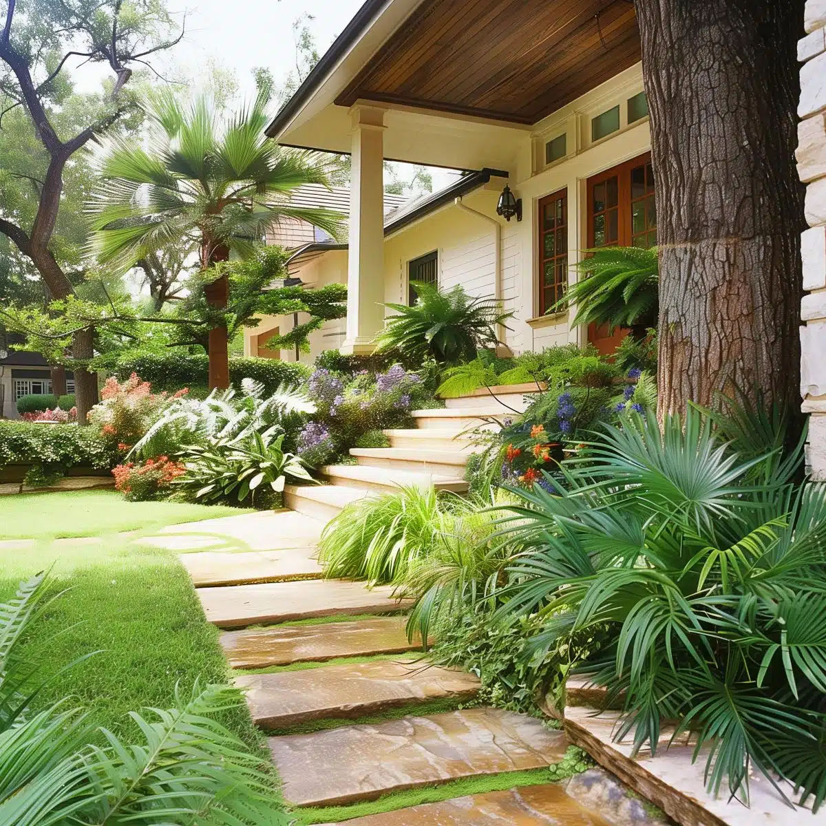 tropical_landscaping_front_yard_texas 40 A beautifully landscaped front yard with tropical plants including palms and ferns, leading up to a charming porch with wooden steps and a natural stone pathway.