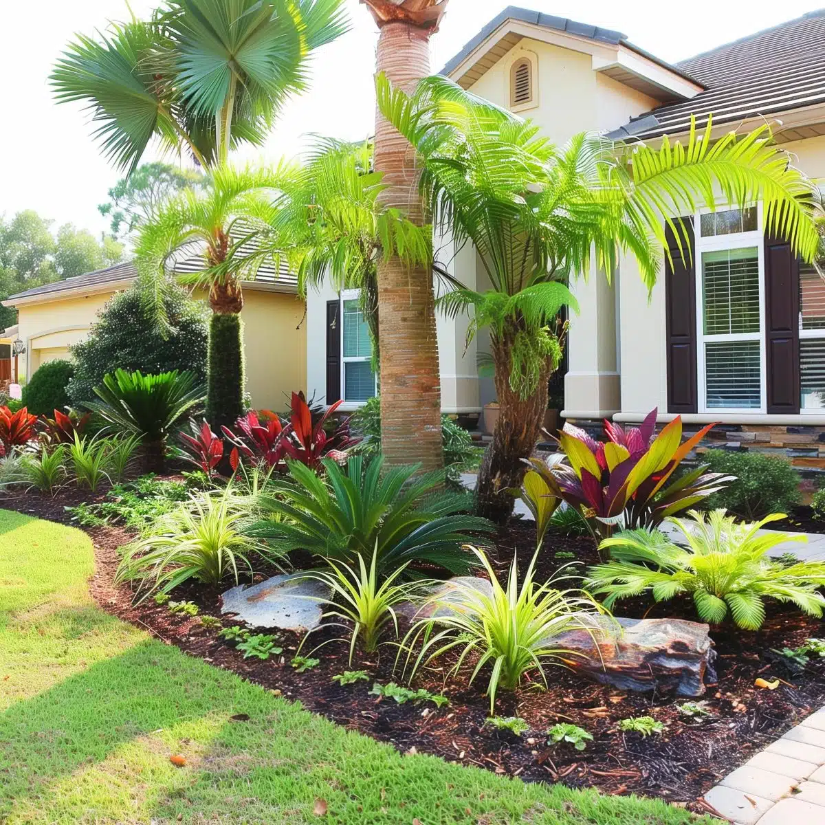 tropical_landscaping_front_yard_w 25 A vibrant front yard featuring a variety of tropical plants, including palms and colorful foliage, creating a lush and inviting entrance to the home.