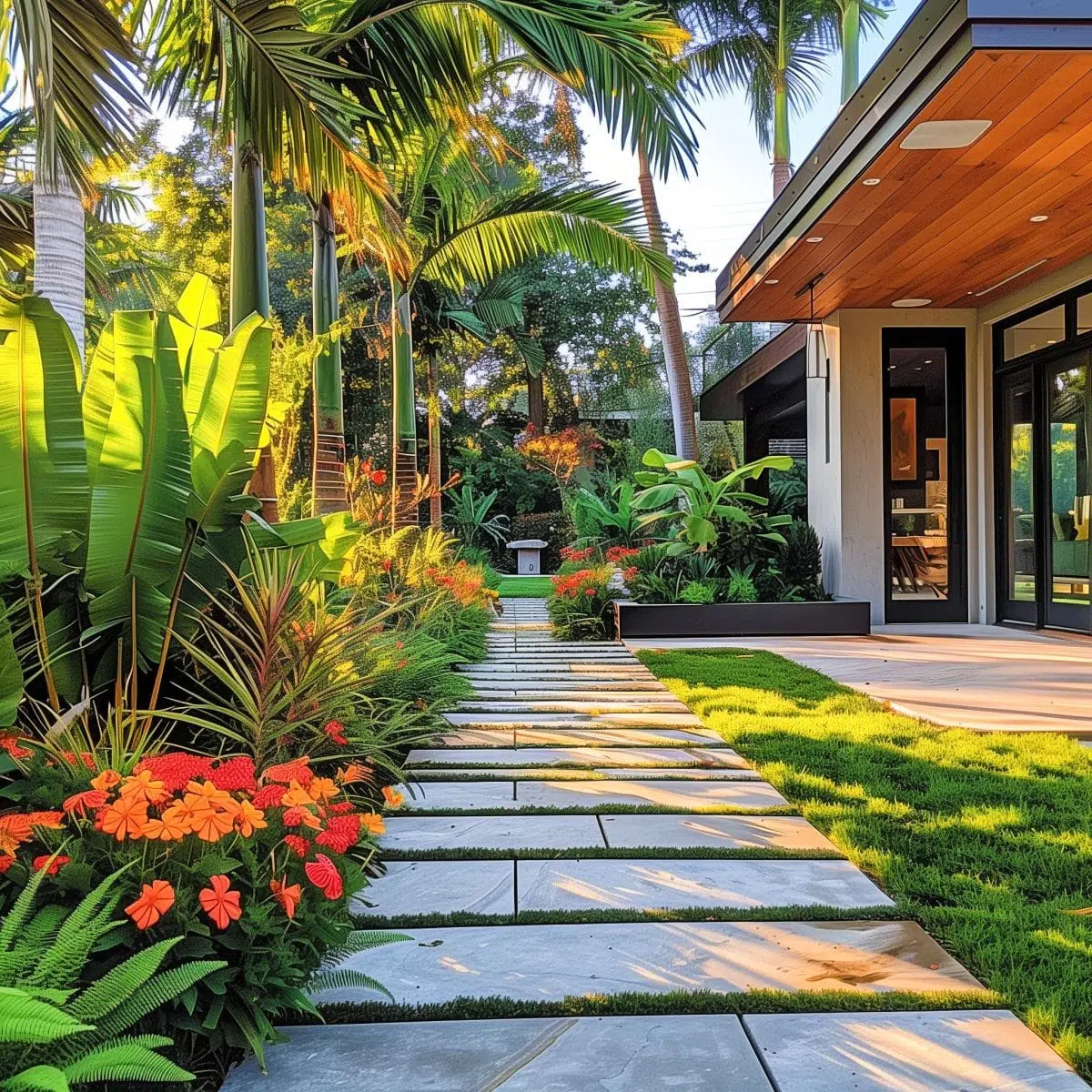 tropical_landscaping_front_yard_walkways 21 A modern front yard design with a sleek stone pathway, lined with tropical plants and vibrant flowers, providing a clean and contemporary look.