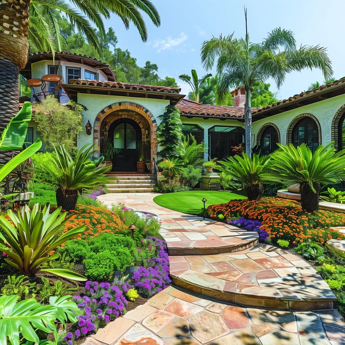 tropical_landscaping_front_yard_walkways 22 A front yard with a Mediterranean-style house, featuring a mix of tropical plants and colorful flowers, with a stone pathway leading to the entrance, creating a picturesque and inviting scene.