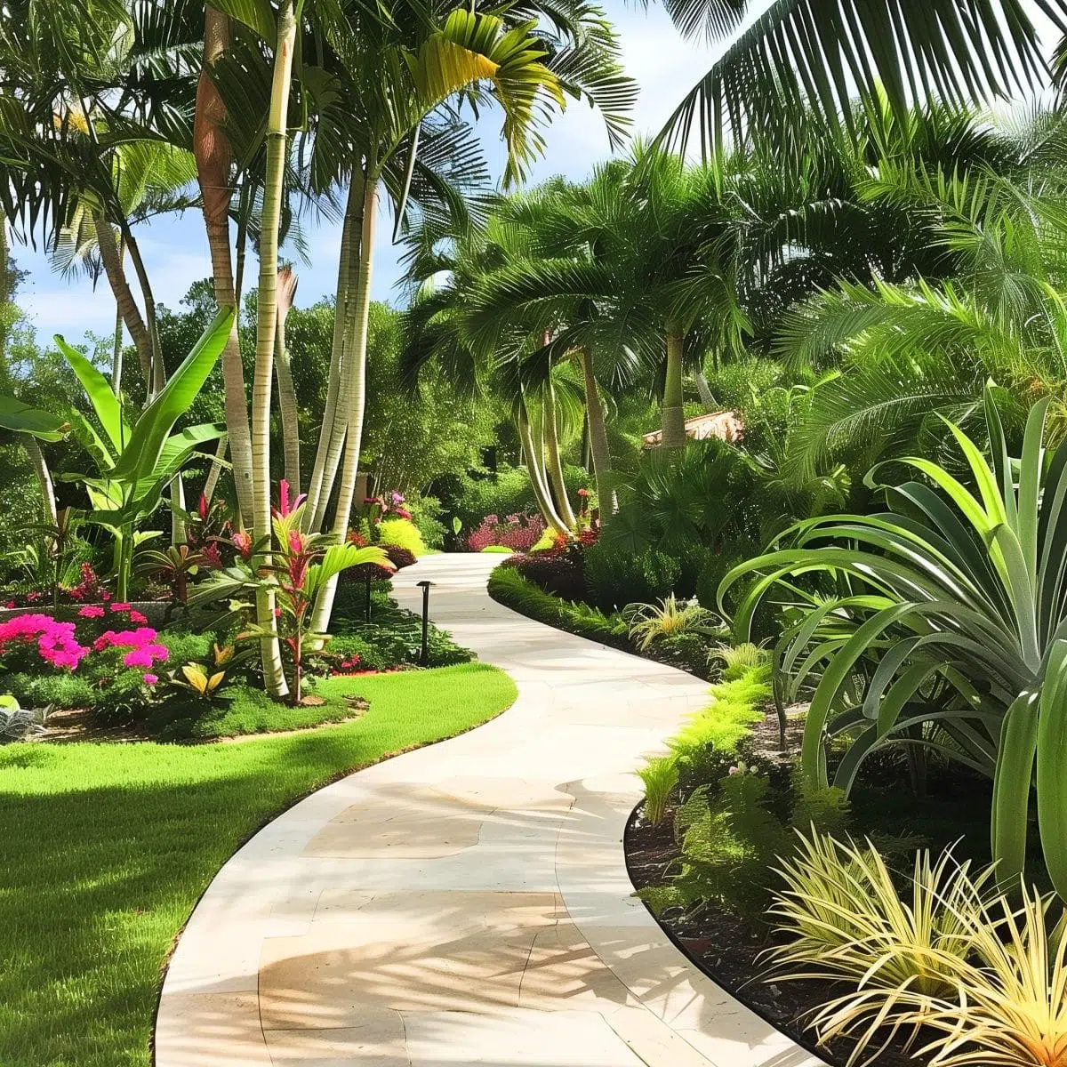 tropical_landscaping_front_yard_walkways 24 A curved stone pathway in a front yard, surrounded by dense tropical foliage and bright flowers, leading to a house, giving a sense of walking through a tropical garden.