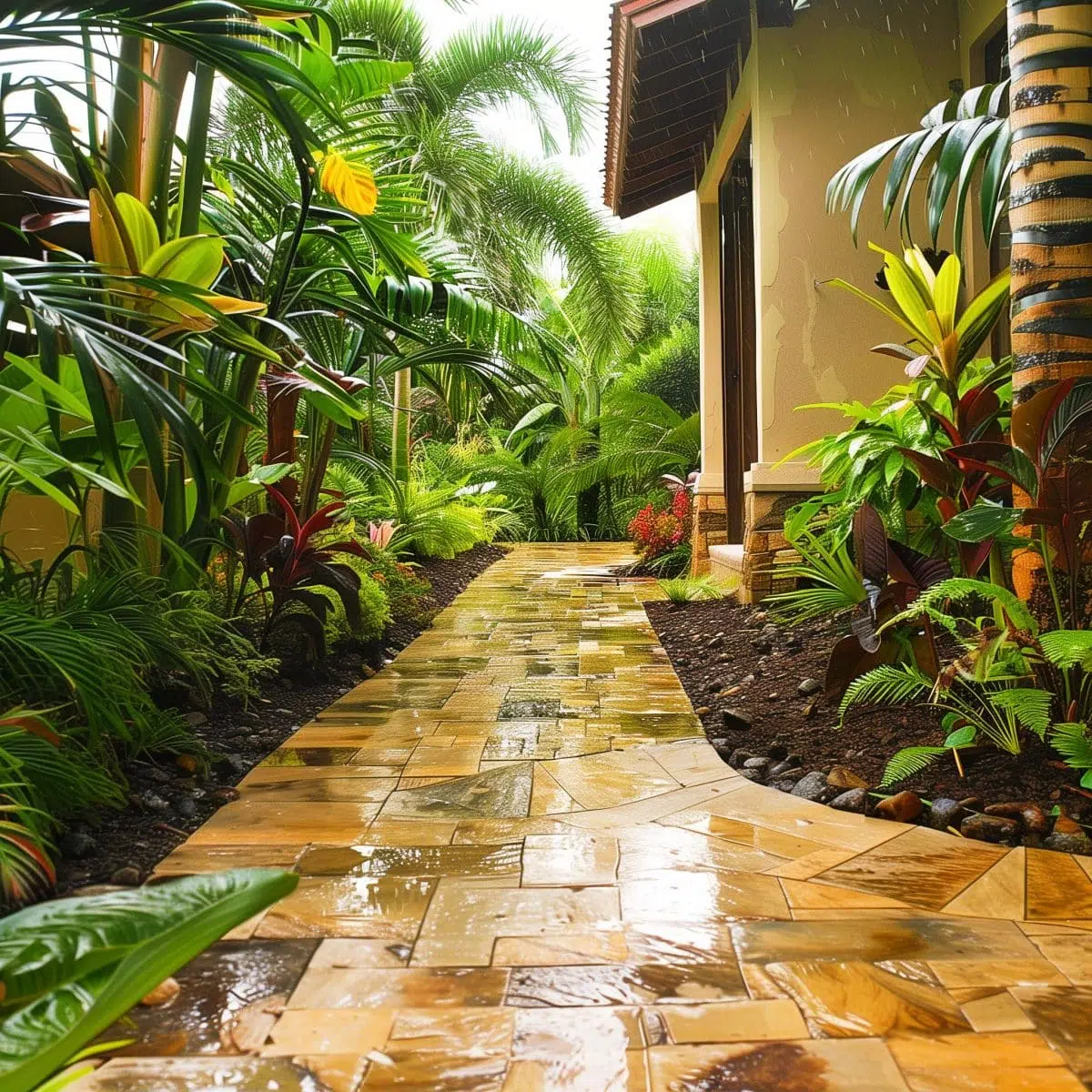 tropical_landscaping_front_yard_walkways 27 A stone pathway in a front yard, glistening with rain, surrounded by lush tropical plants and palms, creating a fresh and vibrant look even on a rainy day.