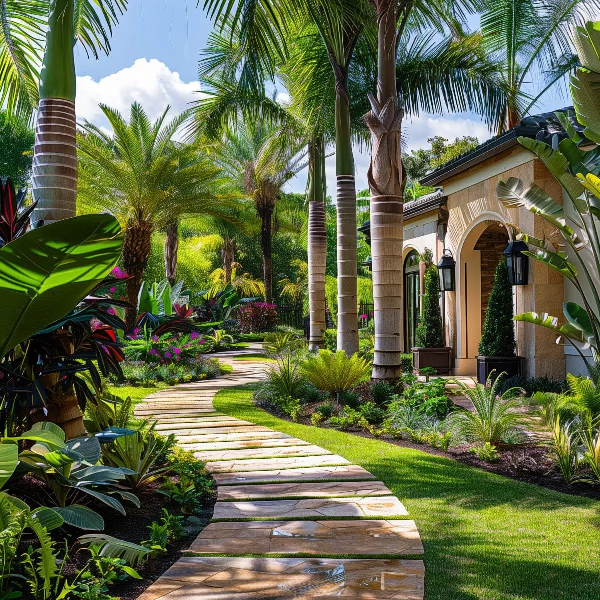 tropical_landscaping_front_yard_walkways 32 A front yard with a classic stone pathway, lined with a variety of tropical plants and palms, leading to the entrance of a house, offering a timeless and tropical aesthetic.