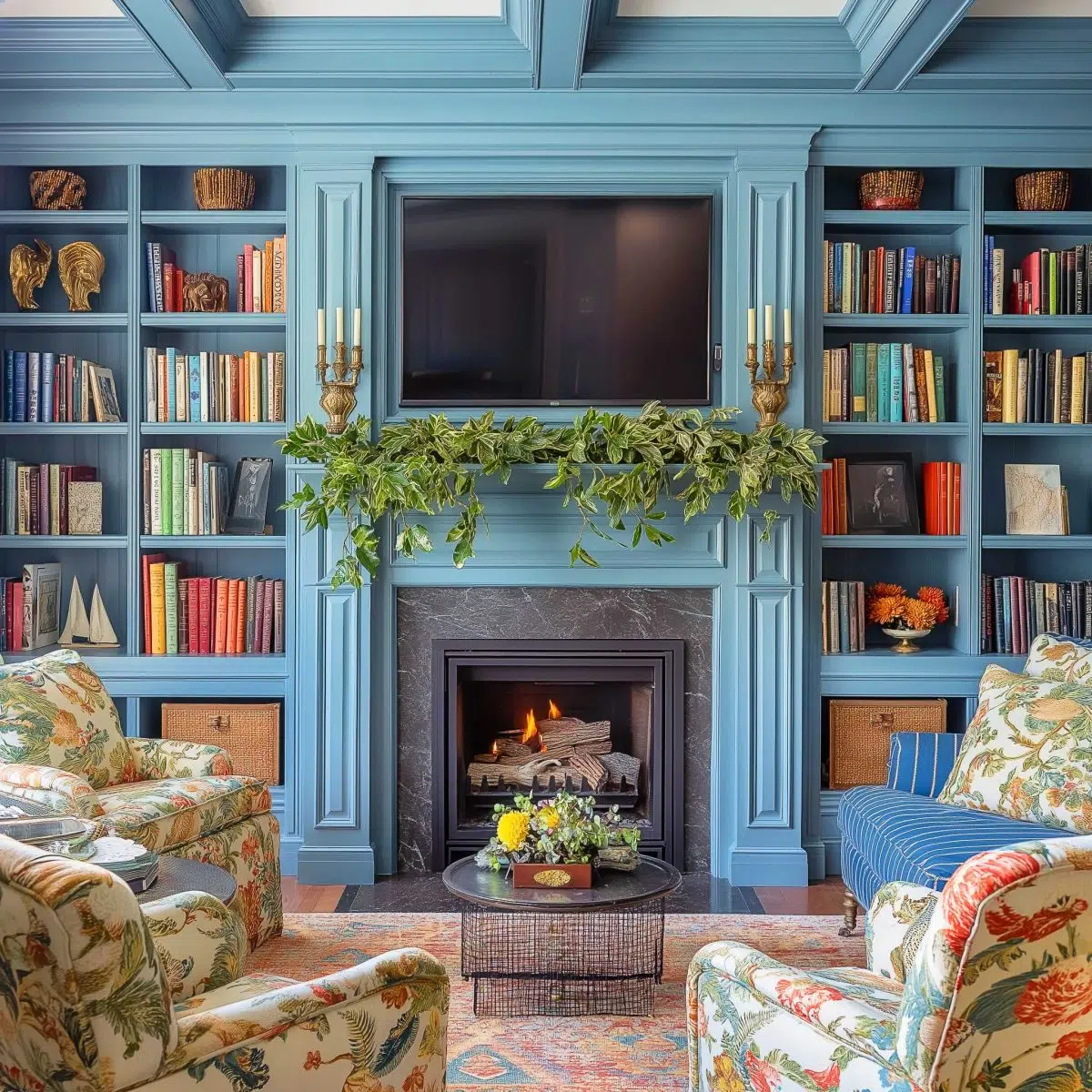Imagine walking into this cozy living room with blue built-in bookshelves that practically hug your books, a fireplace that's ready for marshmallows, a TV because we all need Netflix, floral armchairs your grandma would secretly adore, and a coffee table to catch your takeout boxes. Oh, and some greenery on the mantel because apparently plants are the new black.