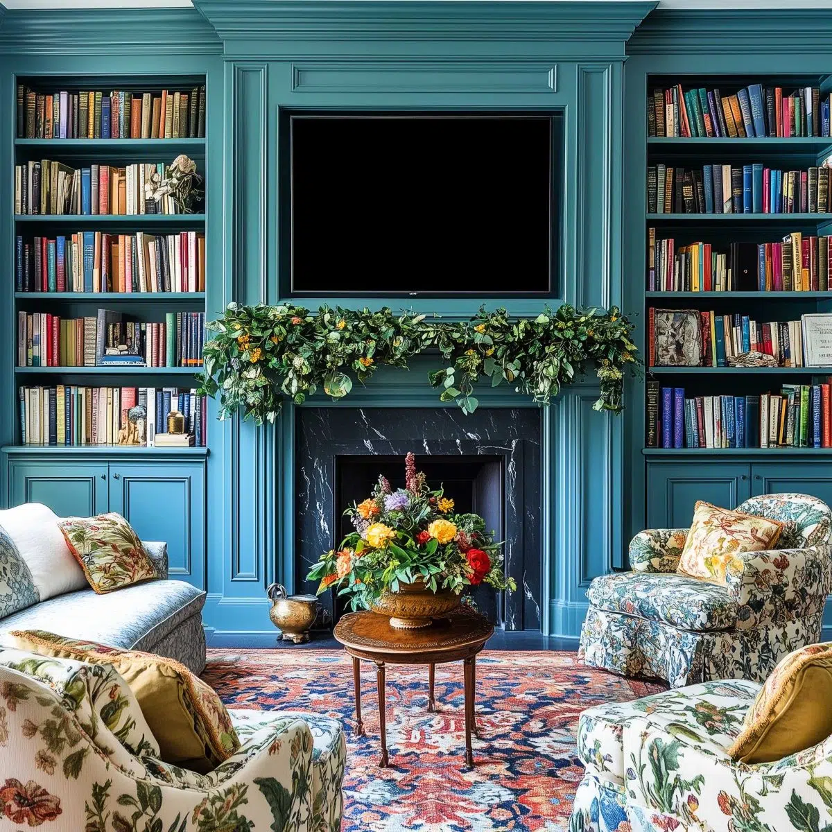 Check out this living room: blue bookshelves totally stealing the spotlight, floral armchairs that deserve an Instagram account, and a marble fireplace just here to flex.