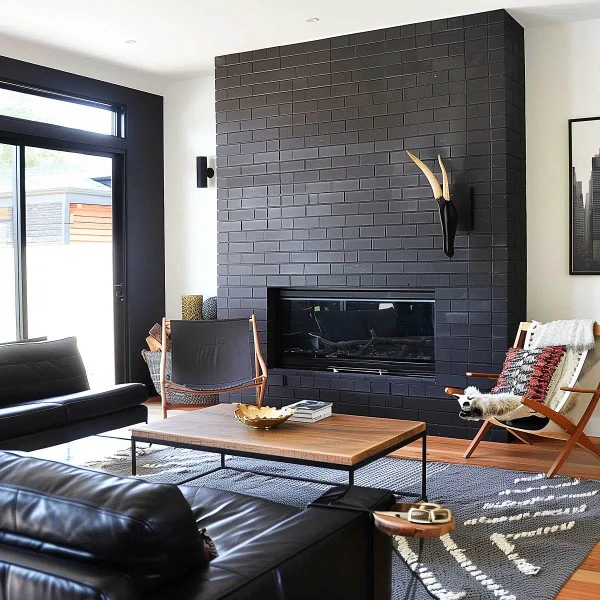 black_fireplace_wall (1) A modern living room features a dark brick fireplace, black leather couch, and wooden chairs with patterned cushions. A large window allows natural light, and a contemporary wall-mounted sculpture adds decor. A wooden coffee table sits in the center atop a patterned rug.