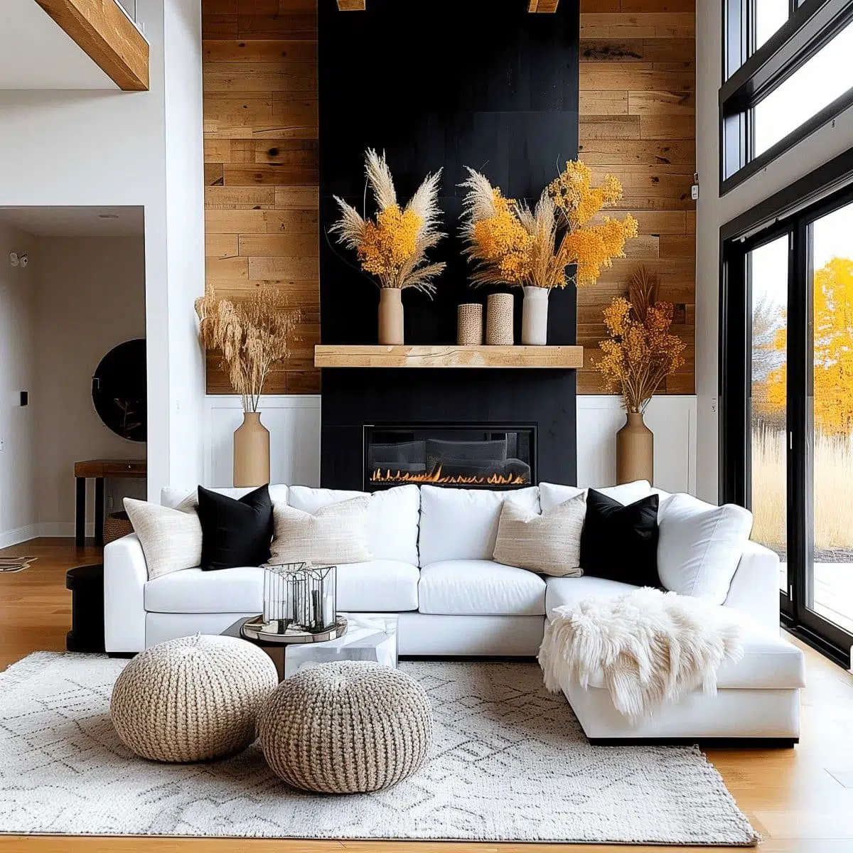 black_fireplace_wall (10) A modern living room featuring a white sectional sofa adorned with beige and black pillows. A cozy fireplace is built into a wooden accent wall, topped with dried floral arrangements. Two knit poufs and a soft rug complete the space, with large windows showcasing an autumn landscape outside.