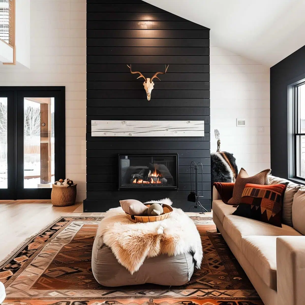 black_fireplace_wall (11) A modern living room with a black shiplap accent wall and a mounted deer skull above a fireplace. The room features a beige sofa, a patterned rug, a pouf with a sheepskin throw, and double glass doors to the left. Warm, cozy, and rustic decor with natural light.