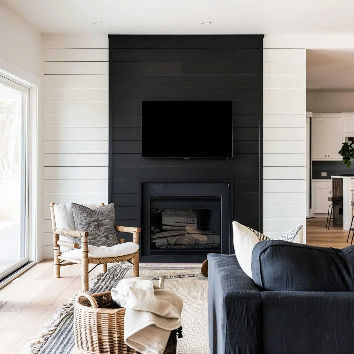 black_fireplace_wall (12) A modern living room with a black shiplap accent wall featuring a wall-mounted TV above a fireplace. The room includes a light wooden chair with a gray cushion, a dark blue sofa, and a woven basket. Light floods in from a large sliding glass door on the left.