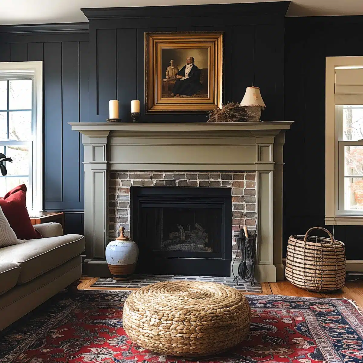 black_fireplace_wall (13) A cozy living room features a fireplace with a brick surround and a framed portrait above it. The room is adorned with dark wall paneling, a colorful rug, a wicker basket, and a woven ottoman. Natural light enters through two windows, highlighting decorative accents.