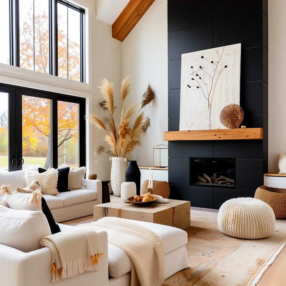 black_fireplace_wall (15) A modern living room with a high ceiling, decorated in neutral tones. It features large windows, white sofas, a black fireplace with a wooden mantle, and art above it. Decorative items include vases with pampas grass, a woven ottoman, and a wooden coffee table.